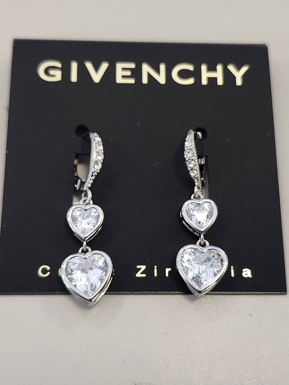 NWT Givenchy Silver-Tone Clear Cubic Zirconia Heart Double Drop Earrings